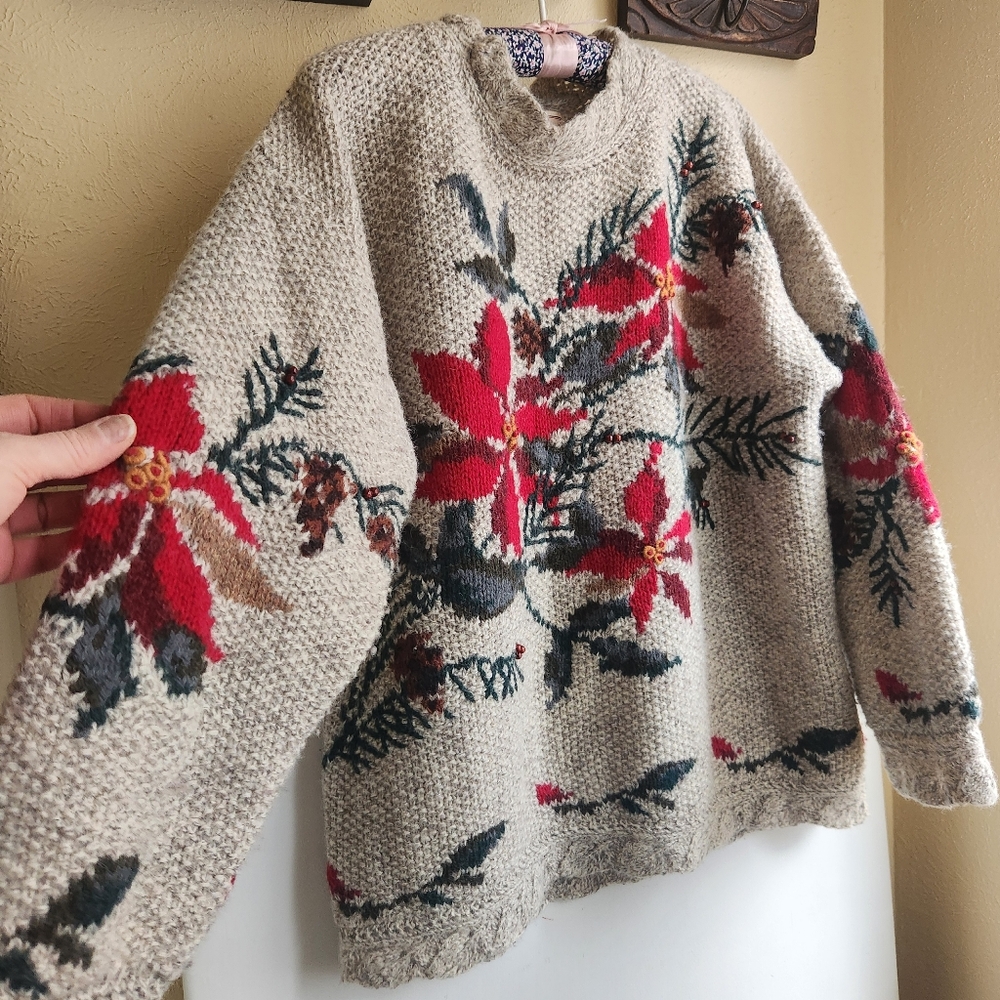 Handknit Woolrich oatmeal 100% wool poinsettia holiday sweater.